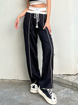 Asymmetric Double-waist-head Color-contrast Spliced Pants