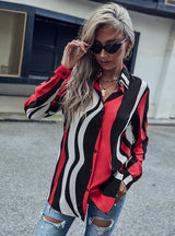 Retro Lapel Long Sleeve Contrast Striped Shirt