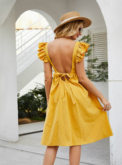 Yellow Flared Sleeves Backless Knotted Midi Dress