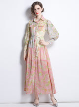 Lapel Lantern Long Sleeve Vintage Print Dress