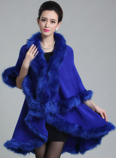 Knitted Double Cardigan Faux Fox Fur Shawl Cape