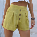 Button-waist Cotton Solid Color Shorts