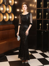 Long Sleeve Sequined Evening Dress