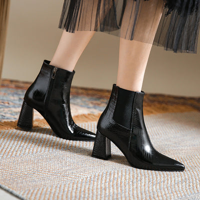 Pointed Patent Leather High Heel Knitted Boots