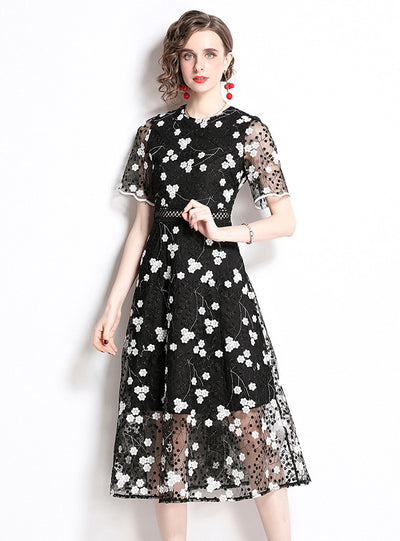 Women Black Heavy Embroidery Gauze Dress