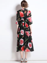 Rose Lantern Sleeve Slim Chiffon Dress