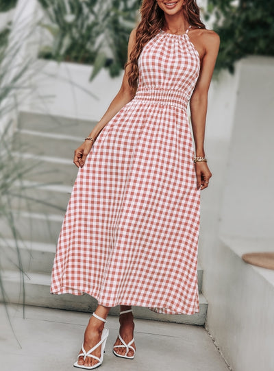 Sling Girdle Waist Plaid Halter Dress