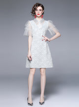 Lapel Lotus Leaf Sleeves Embroidered Dress