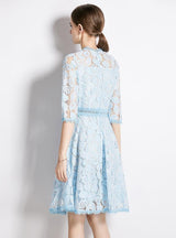 Blue Lace Stitching 3/4 Sleeve Dress