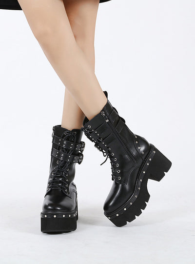 Rivet Middle Tube Belt Buckle Thick Heel Bootie