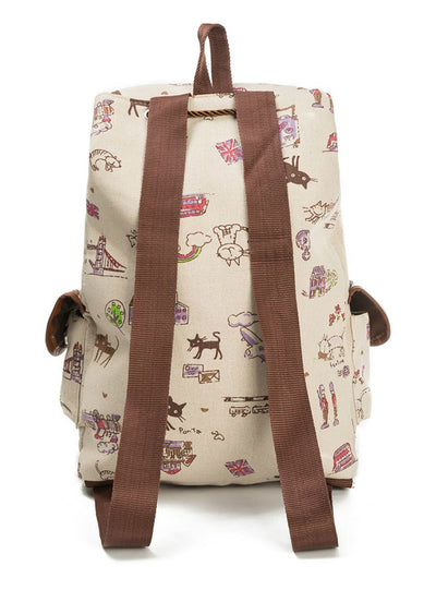 Cute Cat Backpack Women Canvas Backpack Drawstring 