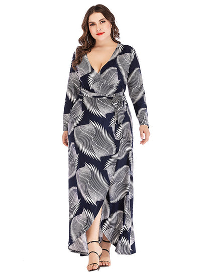 V-neck Long Sleeve Striped Printed Irregular Hem Dress