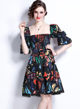 Bubble Sleeve Square Collar High Waist Print Dress