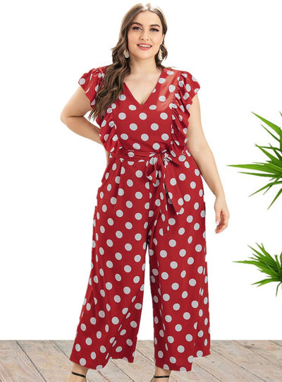 Wide-leg Large Size Ruffles Wavy Spots Jumpsuit