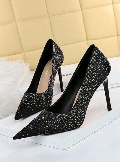 Women's High Heel Pointed Satin Rhinestone Shoes