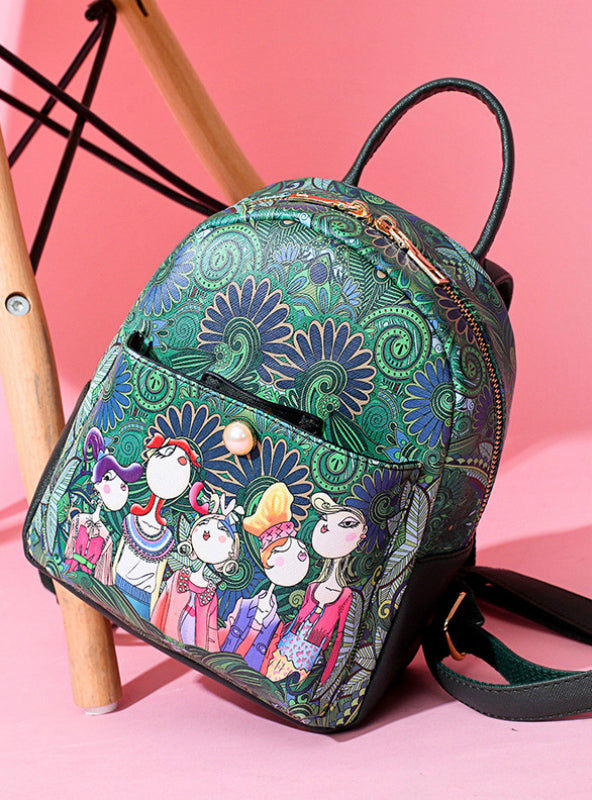 Green Forest Cartoon Print Women Classic Mini Backpack