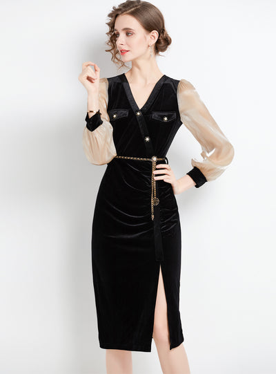 V-neck Split Black Velvet Dress