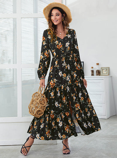 V-neck High Waist Print Irregular Split Dress