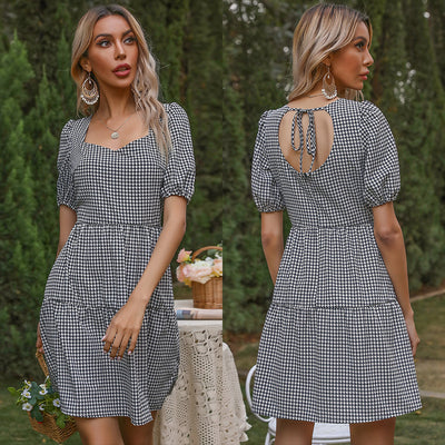 Plaid Lace-up Short Sleeve Dress