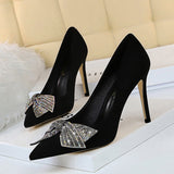 Suede Shallow Pointed Rhinestone Bow Shoes
