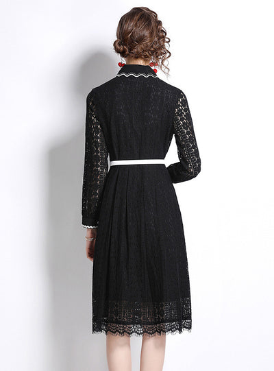 Retro Long Sleeve Pleated Chiffon Stitching Lace Dress