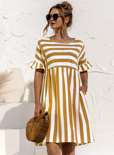 Cute Loose Striped Print Ruffles Sleeves Dresses