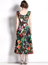 Lotus Leaf Floral Waist Slim Print Dress