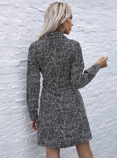 Long Sleeve Lapel Leopard Print Shirt Dress