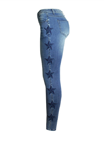 Embroidered Star Pattern Denim Elastic Pencil Pants