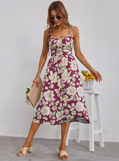 Printed Sling Single-breasted Backless Dress