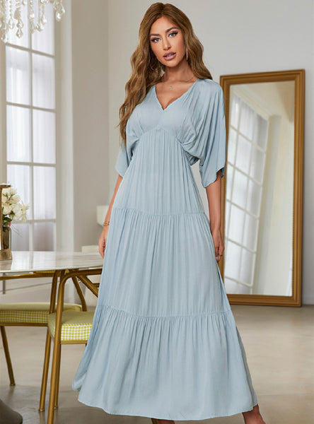 V-neck Solid Color Bat Sleeve Dress