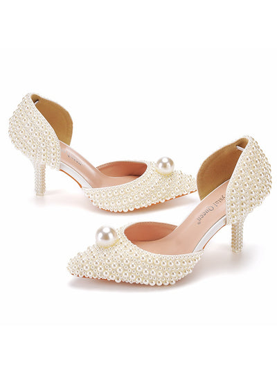 7 cm Pointy High-heeled Pearl Beaded Bridal Shoes