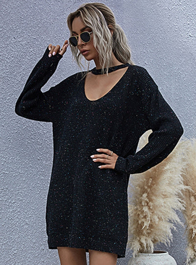 Retro Knitted Deep V-neck Sweater Dress