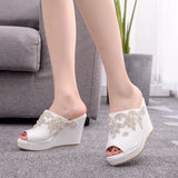 White Rhinestone Fish Mouth Wedge Slippers