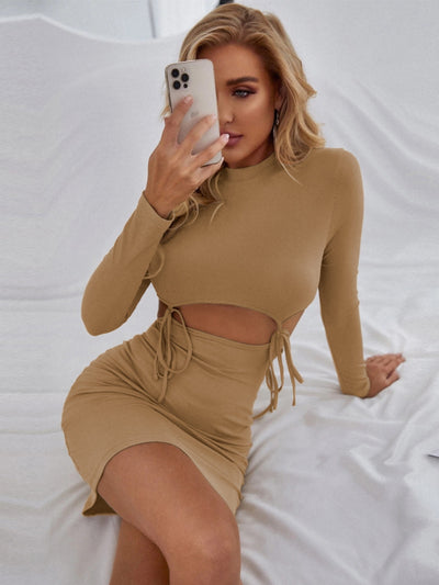 Hollow Lace Up Slim Long Sleeve Dress