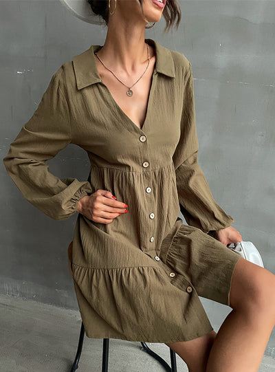 Lapel Long Sleeve Button Shirt Dress