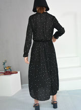 Round Neck Long Sleeve Solid Black Chiffon Dot Loose Dress