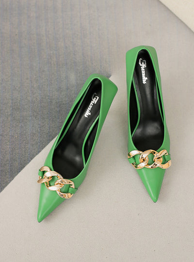 Metal Chain Thin Heel Pointed Fashion Shoes