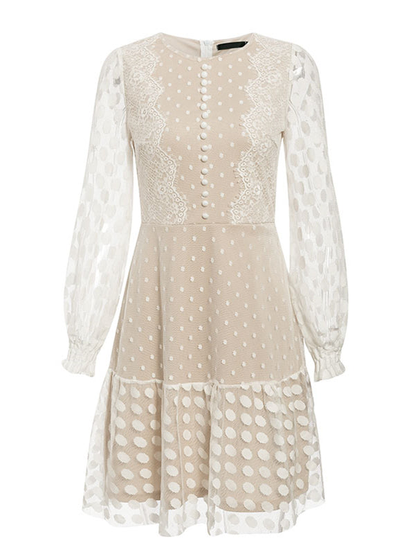 Sexy Mesh Lace Embroidery Long Sleeves Vintage Polka Dot Short Dress ...