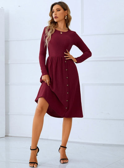 Red Round Neck Long Sleeve Pleated Button Dress