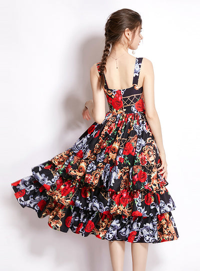 Printed V-neck Waist Cake Dress