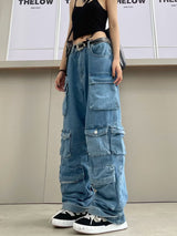 Zipper Light Color Washed Overalls Trousers Pant