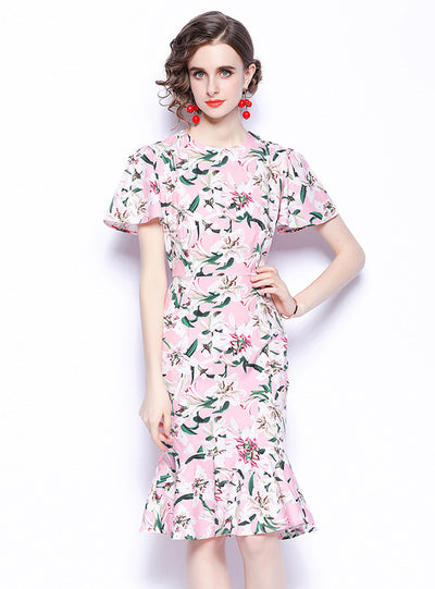 Round Neck Ruffled Short Sleeve Printed Dress