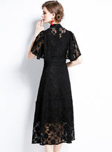 Black Lace High Neck Short Sleeve Dress