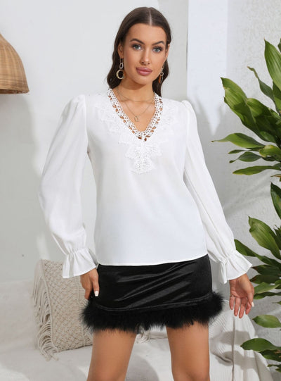 Spliced V-neck Ruffled Long Sleeve Shirt