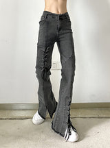 Retro Flanging Irregular Waist Strap Split Jeans