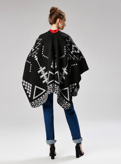 Geometric Pattern Split Lengthened Shawl Cashmere Cloak