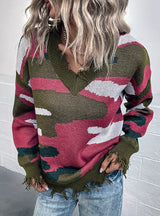 V-neck Hole Contrast Camouflage Sweater