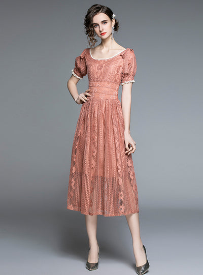 Lace Round Neck Bubble Sleeve Dress