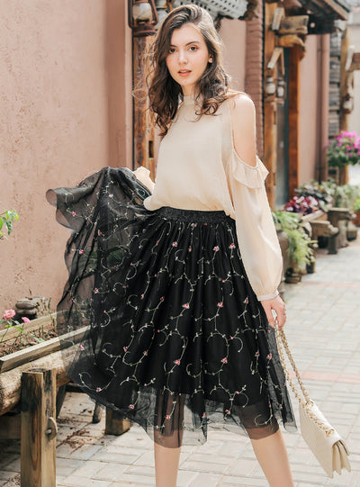 Multi-layer High Waist Embroidery Tulle Skirt